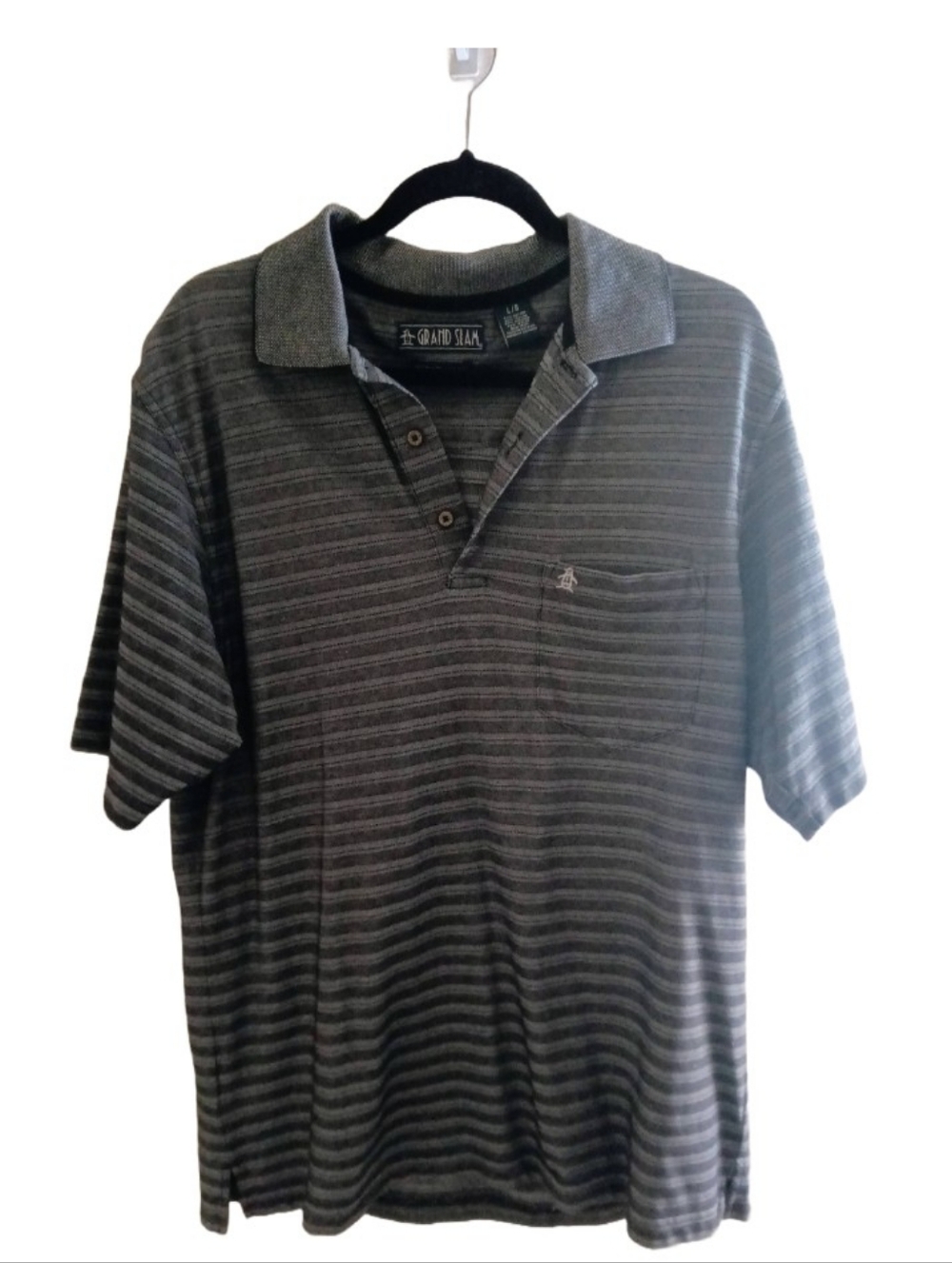 VTG Munsingwear Grand Slam Penguin Performance Polo Shirt Gray Stripes Size L